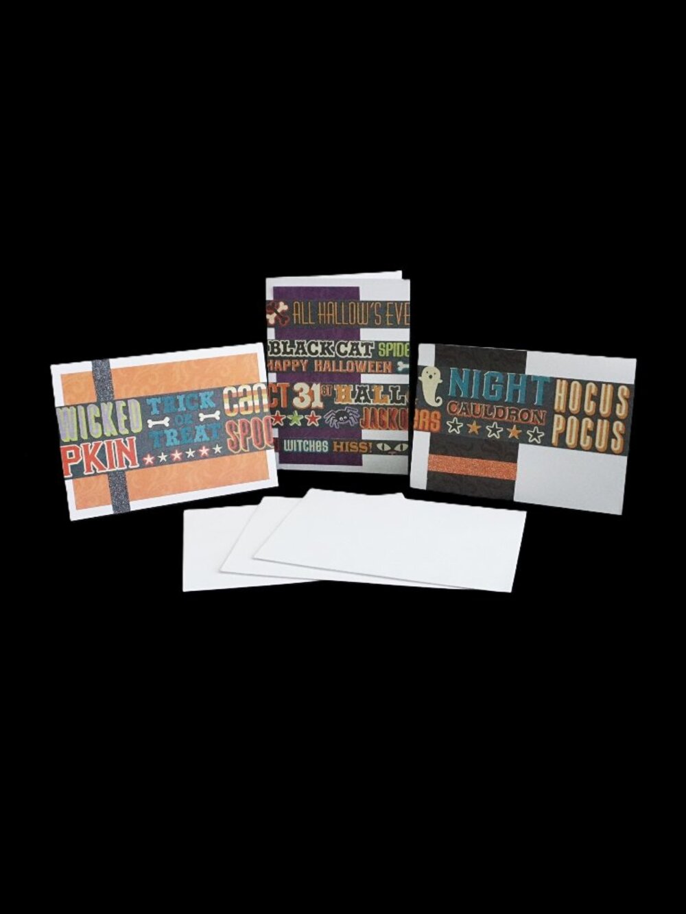 3 Halloween Handmade Greeting Cards 5x7 White Word Strips Spooktacular